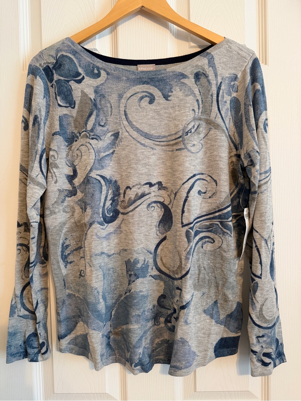 Chico's Gray Top with Blue Scroll Motif — Long Sleeve